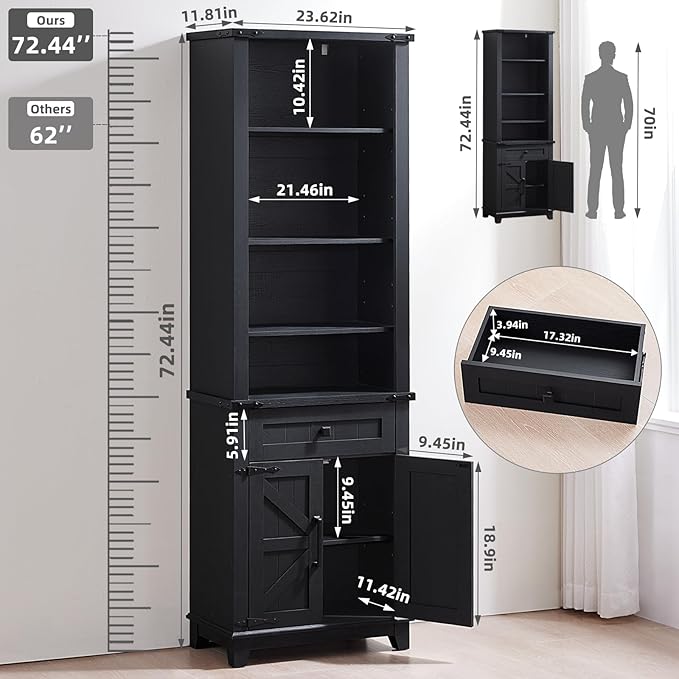 72in Tall Bookshelf 7 Tier Bookcase with Drawer and Barn Doors and Adjustable Shelves, Black Farmhouse Book Shelf with Storage Cabinet, Wood Freestanding Display Bookshelves for Living Room