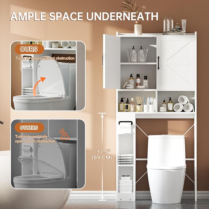 FURSUN 32" W Over The Toilet Storage Cabinet with Metal Frame, Bathroom Organizer with Adjustable Shelves and Paper Holder, 7 Storage Shelves, Farmhouse Storage Cabinet for Bathroom, Laundry, White