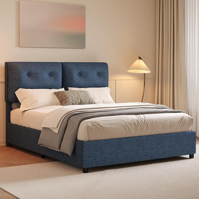 Full Size Bed Frame with Headboard, Cloud Boucle Upholstered Bed Frame, Modern Soft Style, Adjustable Headboard, No Box Spring Needed, Easy Assembly, Blue