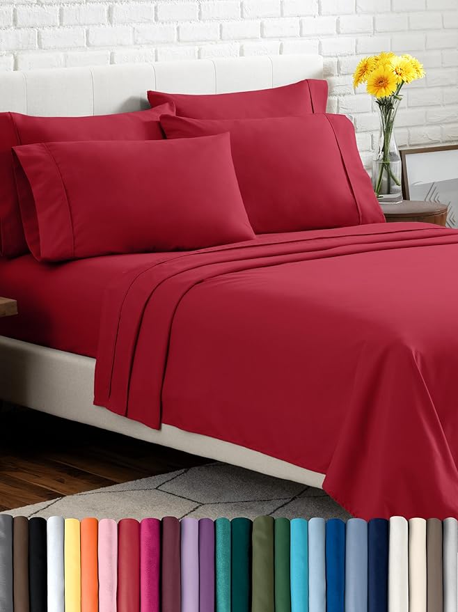 Bare Home Hotel Luxury Split King Sheet Set, Extra Soft - 7 Piece Set - Deep Pockets - Easy Fit - Cooling & Breathable - Wrinkle, Fade, Stain Resistant - Includes 4 Pillowcases (Split King, Red)