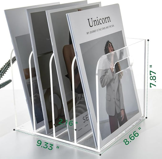4 Vertical Compartments Clear Acrylic Magazine & File Holder – Multipurpose Desk Organizer for Office, Tablets, Magazines, Books – Documents/Home/Classroom Rack