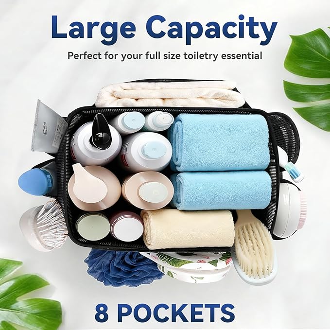 YASONIC Mesh Shower Caddy Portable for Dorm College Room Essentials, 8-Pocket Large Shower Bag with Double Handles, Hanging Shower Basket for Beach, Swimming, Bathroom, Beach, Camp, Gym, Black