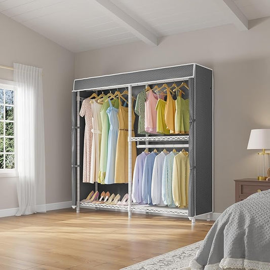 VIPEK V4C Heavy Duty Adjustable Clothing Rack, White Metal Closet Rack with Grey Cover, 57.9" L x 17.3" W x 76.4" H, 3 Hanging Rods & Side Hooks, Portable Closet
