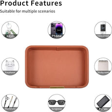 Luxury Leather Valet Tray Desktop Storage Organizer,Bedside Vanity Catchall Tray Nightstand Caddy Holder for Cosmetic,Jewelry,Watch,Keys,Phone,Wallet,Remote Controller,Pen,Orange