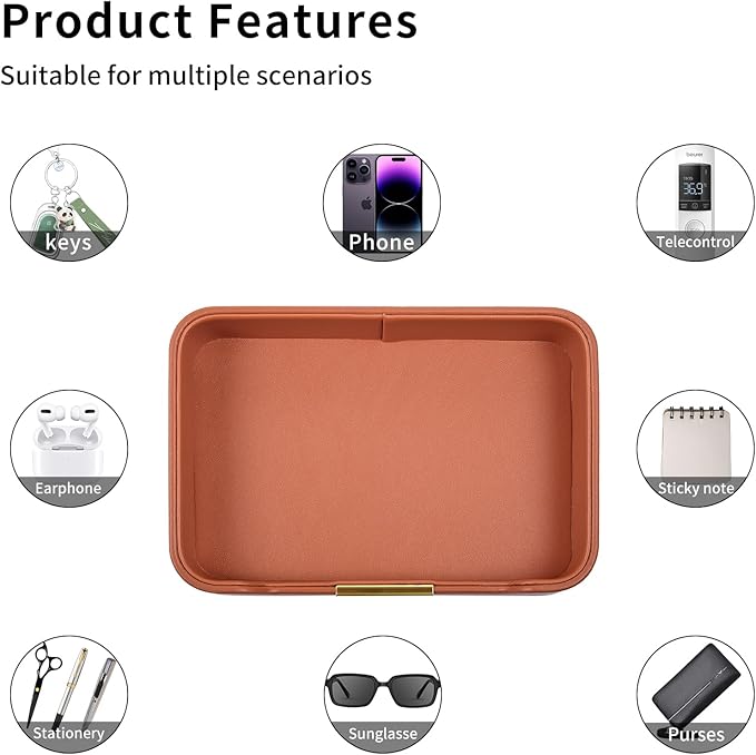 Luxury Leather Valet Tray Desktop Storage Organizer,Bedside Vanity Catchall Tray Nightstand Caddy Holder for Cosmetic,Jewelry,Watch,Keys,Phone,Wallet,Remote Controller,Pen,Orange