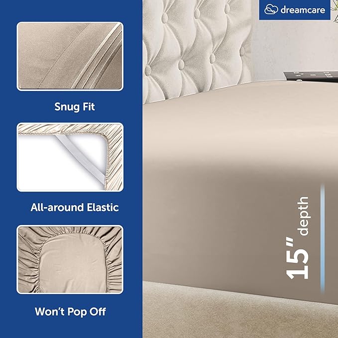 DREAMCARE Queen Size Sheets - Cooling Bed Sheets - 4pcs Set - up to 15" Deep Pocket Queen Sheet Set - Sheets Queen Size Bed - Soft & Long Lasting 100% Fine Microfiber with Side Pocket - Beige DREAMCARE