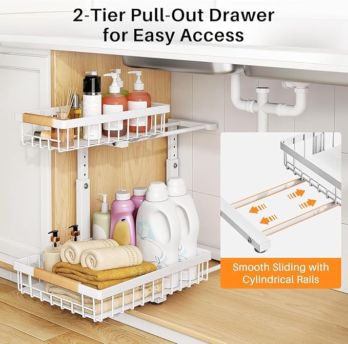 PXRACK 1 Pack Under Sink Organizer,Adjustable Height,2 Tier Pull Out Under Cabinet Organizer,Slide Out Thickened Metal Under Sink Storage for Kitchen Bathroom Laundry Cabinet Pantry,White(L)