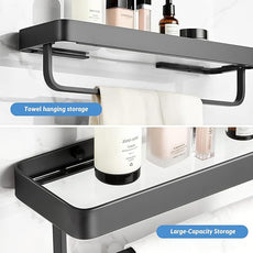 2PCS 15.7 Inch Floating Bathroom Shelves with Towel Bar, Clear Tempered Glass Wall Shelf with Hand Towel Holder for Bathroom Storage Organizer, Matte Black