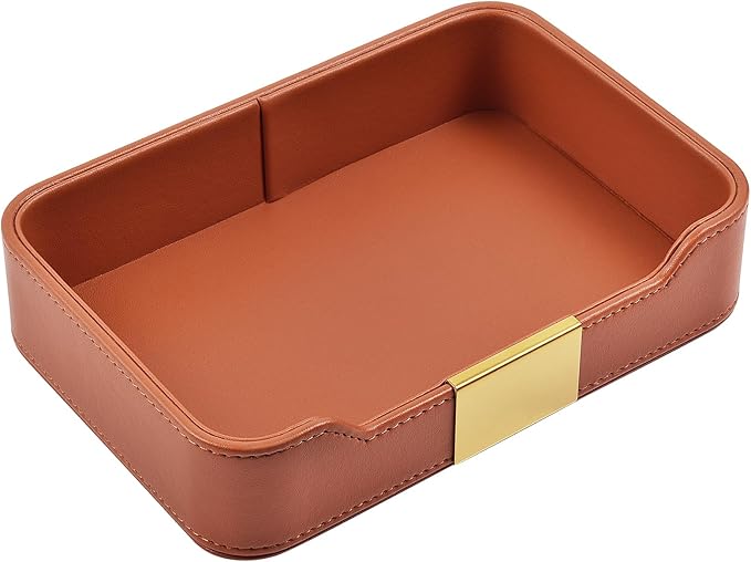 Luxury Leather Valet Tray Desktop Storage Organizer,Bedside Vanity Catchall Tray Nightstand Caddy Holder for Cosmetic,Jewelry,Watch,Keys,Phone,Wallet,Remote Controller,Pen,Orange
