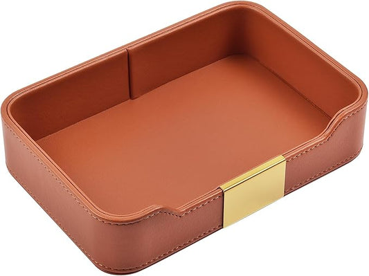 Luxury Leather Valet Tray Desktop Storage Organizer,Bedside Vanity Catchall Tray Nightstand Caddy Holder for Cosmetic,Jewelry,Watch,Keys,Phone,Wallet,Remote Controller,Pen,Orange