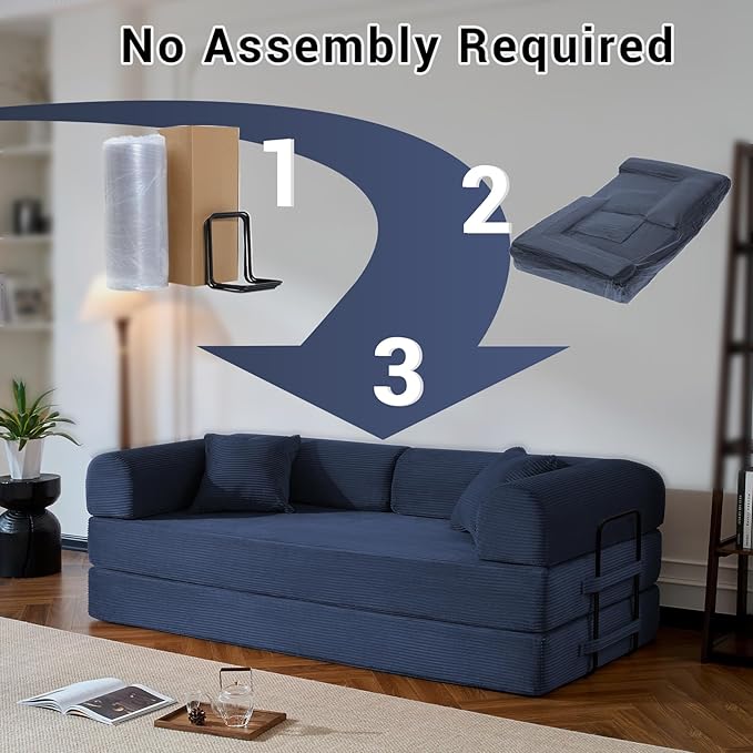Compressed Sofa, Convertible Sofa Bed, Corduroy Compression Boneless Couch with Pillow, Comfy Modular Foldable Floor Sleeper Sofa for Bedroom, Living Room, Lounge, Studio (Dark Blue)