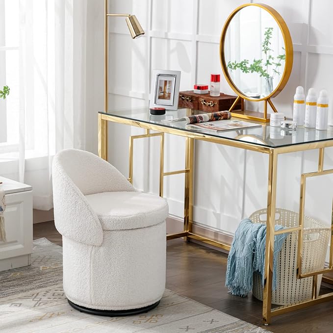 Modern Swivel Ottoman Vanity Chair, Sherpa Upholstered Barrel Club Chairs 360°Degree Swivel Side Chair with Storage, Comfy Makeup Stool for Bedroom Living Room, White