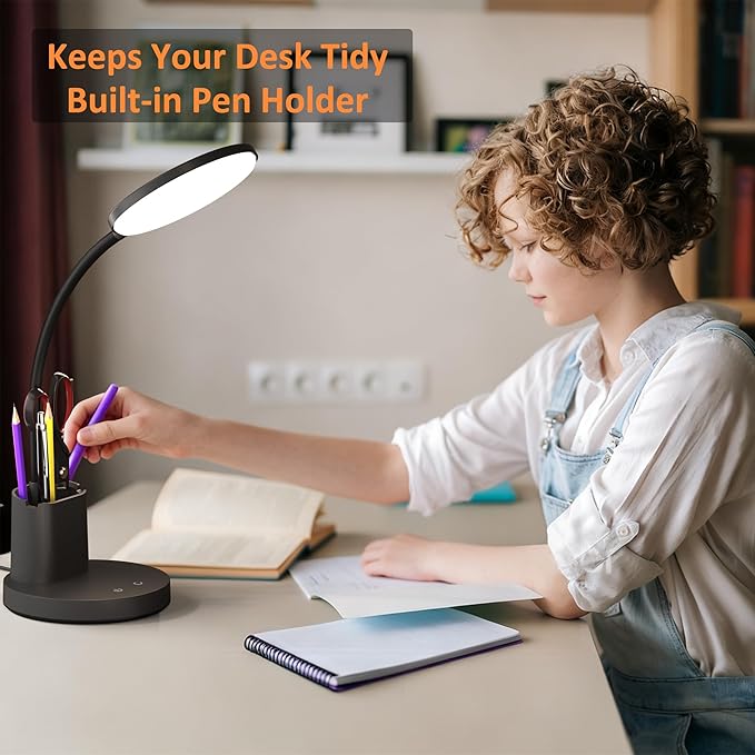 Desk Lamp, LED Desk Lamp for Home Office, Touch Table Lamp with 3 Color Modes 360° Adjustable Arm, Dimmable Desk Light with Pen Phone Holder, Black