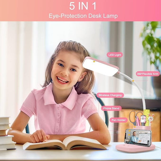 Sailstar Pink Desk Lamp, Small Desk Lamp with Pen Holder, Wireless Charger LED Desk Lamps for Home Office, Kids Desk Lamps 800LM Flexible Arm 3 Modes Dimmable Touch, Study Lamps for College Dorm Room