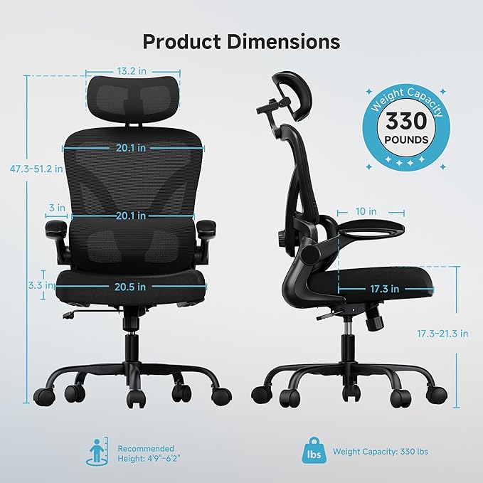 Ergonomic Office Chair, 330 lbs Home Mesh Desk Office Chair with Adjustable Lumbar Support & Headrest, Flip-up Armrests for Long Hours, Black