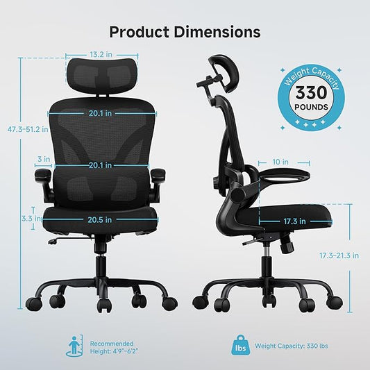 Ergonomic Office Chair, 330 lbs Home Mesh Desk Office Chair with Adjustable Lumbar Support & Headrest, Flip-up Armrests for Long Hours, Black