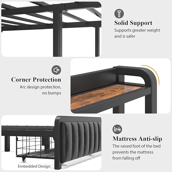 Full Size Bed Frame with 2-Tier Storage Headboard, Metal Platform Bed Frame with Storage Drawers, Built in Charging Station & LED Light, PU Leather, Non-Slip, Easy to Assemble, Black