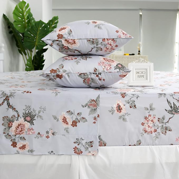 FADFAY Elegant Floral Full Sheet Set - Shabby Grey Bird Print Flower Bed Sheets, Vintage Farmhouse 100% Cotton Ultra Soft Girls Bedding With Deep Pocket Fitted Sheet, 4Pcs, Full Size