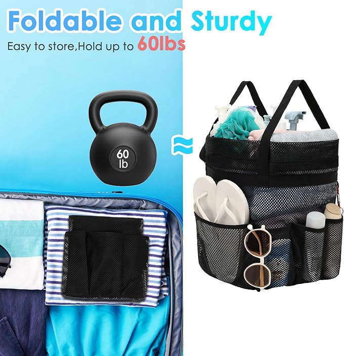 Mesh Shower Caddy Portable with Drawstring, Dorm Room Essentials for College Girls Guys, 8-Pocket Extra Large Shower Bag Basket Tote for Camping Beach Gym Travel Toiletry Bathroom