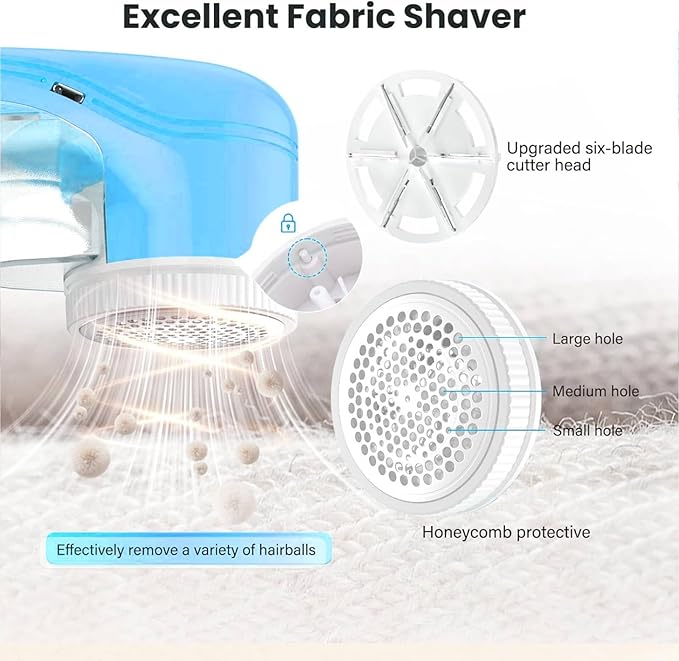 Fabric Shaver, Lint Remover for Clothes, Electric Lint Remover with 6 Replaceable Blades, Removes Fabric Pills, Rechargeable Sweater Defuzzer Pill Remover, Depiller Effectively Remove Pills, Lint