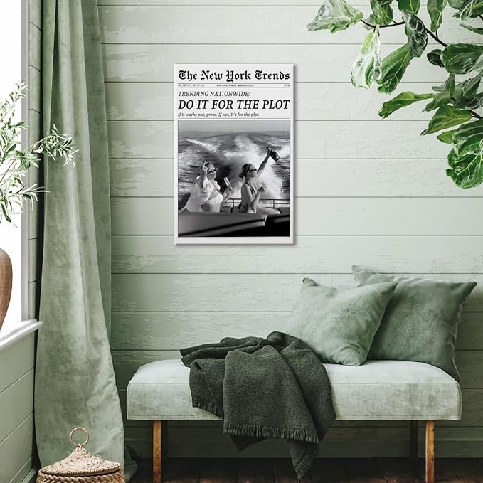 Retro New York Trends Wall Art Black and White Newspaper Poster Do It for The Plot Canvas Prints Funky Feminist Posters Trendy College Wall Decor for Bar Cart Hot Girl Dorm Room Decorative 16x24inch Framed