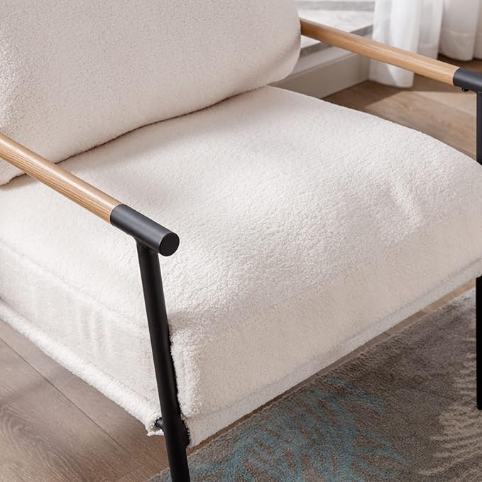 Mid-Century Accent Chair Set of 2, Soft Armchair Sherpa Fabric Lounge Chair with Black Metal Legs, Upholstered Leisure Chair for Living Room Bedroom Reception Room, White