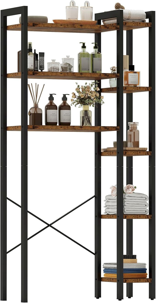 IRONCK Over The Toilet Storage with 8-Titer Shelf, Mass-Storage Side Storage Open Rack, Freestanding Bathroom Organizer Space Saver, for Bathroom, Restroom, Laundry, Vintage Brown