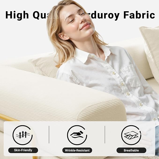 108" Oversized Convertible Sleeper Sofa Bed, Corduroy L Shape Sectional Couch, Folding Sofa Bed with Fixed-Shape Frame, Modern Cloud Floor Mattress Couch, Modular Sofa for Living Room, Beige