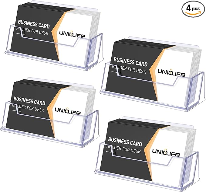 Uniclife 4 Pack Acrylic Business Card Holder for Desk 1 Slot Clear Business Card Display Stand for Men & Women Desktop Business Card Organizer Card Stand for Office Home Exhibition, 60 Card Capacity