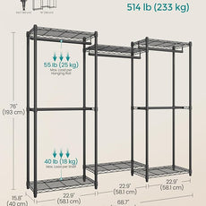 SONGMICS Heavy-Duty Clothes Rack, Garment Rack, Portable Closet, 68.7-Inch Wide Clothing Rack with Adjustable Mesh Shelves and Hanging Rails, Ink Black ULGR433B01