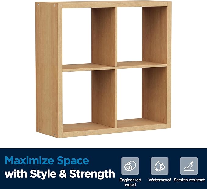 4 Cube Storage Organizer, 2x2 Cube Bookshelf, Cubby Storage Shelf, Wooden Organizer Shelf with Thickened Boards, for Closet Bedroom Home Office Living Room, 25.12" L x 9.37" W x 25.12" H, Natural-Oak