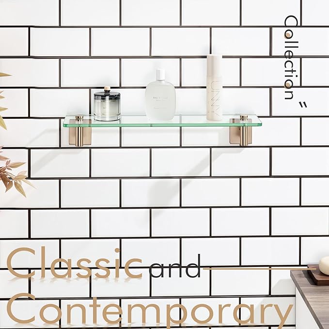 KOKOSIRI Wall Shelves Bathroom Hardware Glass Floating Shelf 20-Inch for Bedroom, Living Room, Kitchen, Hanging Rack Champagne Bronze B1105CPG-L20