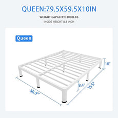 MAF 10 Inch Queen Size Bed Frame White with Round Corner Legs Mattress Slide Stopper No Box Spring Needed Heavy Duty Metal Platform Bed Frames Under-Bed Storage Space, 3000 LBS Steel Slats Support