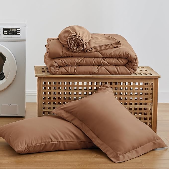 Love's cabin Twin XL Comforter Set Mocha Mousse, 5 Pieces Twin XL Bed in a Bag, All Season Bedding Sets with 1 Comforter, 1 Flat Sheet, 1 Fitted Sheet, 1 Pillowcase and 1 Pillow Sham