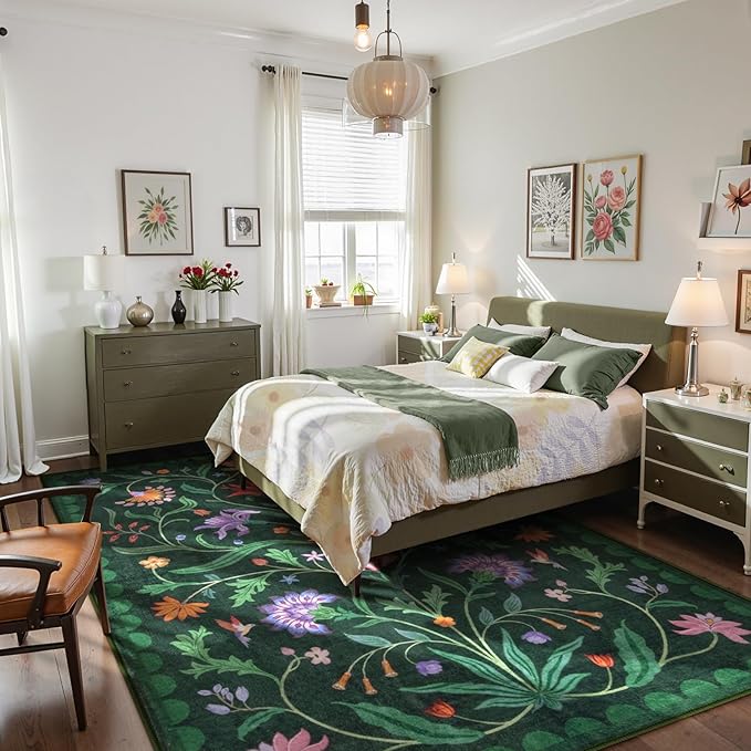 Lahome Boho Floral Washable Green 9x12 Area Rugs for Living Room, Non Slip Rugs for Bedroom, Indoor Throw Dining Room Carpet for Under Table Home Office Playroom (Forest Green,9x12ft)
