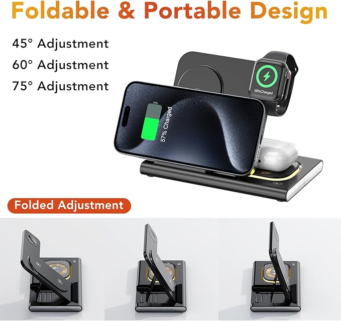 3 in 1 Charging Station for iPhone 17 - Wireless Charger for Apple Devices for iPhone 17 16 15 14 13 12 11 Pro Max - Foldable Wireless Charging Station Dock Stand for Apple Watch Series & AirPods