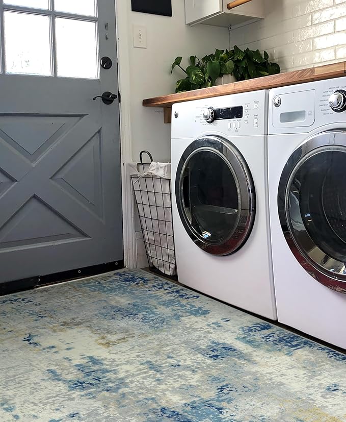 Lahome Modern Abstract Area Rug 4x6, Washable Living Room Rug for Bedroom Entryway Non Slip, Soft Contemporary Indoor Floor Throw Carpet for Apartment Playroom Home Office, Blue