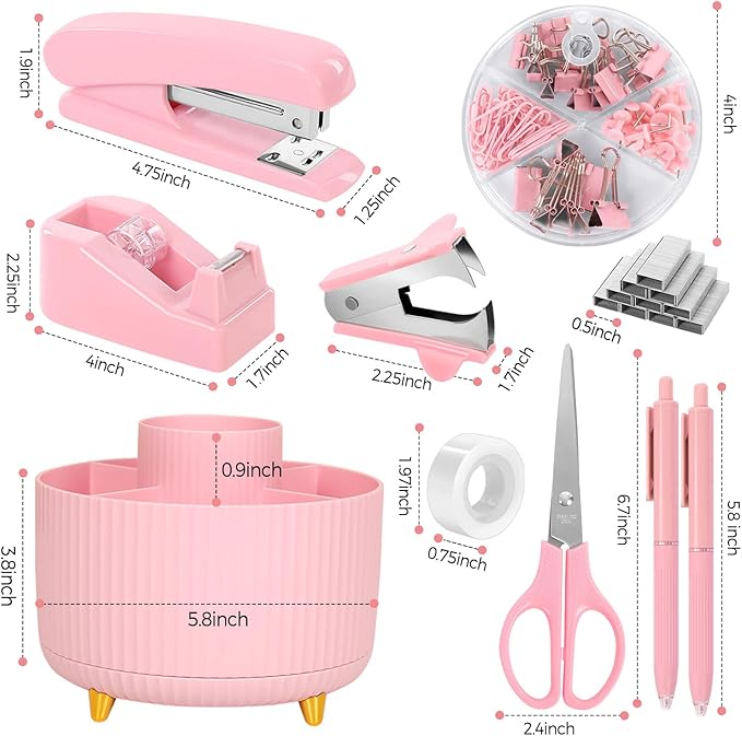 SKYDUE Pink Office Supplies Set, Pencil Holder for Desk,Gel Pen, Stapler, Tape Dispenser, Scissors,Clips and 1000pcs Staples, Office Decor for Women, Pink Desk Accessories
