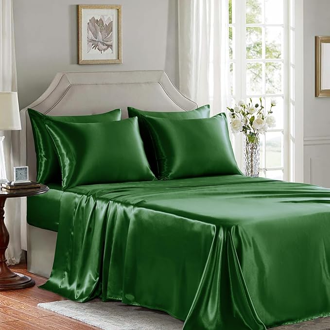 Satin Sheets Queen Size - 6 Pieces Luxury Silky Soft Bed Sheets, Wrinkle-Free Dark Green Satin Silk Sheet Set with 1 Deep Pocket Fitted Sheet, 1 Flat Sheet, 4 Pillow Cases