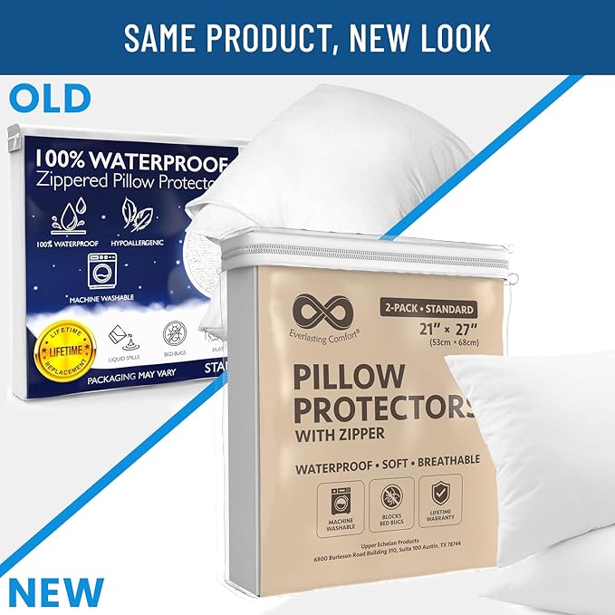 100% Stain Resistant & Waterproof Standard Size Pillow Protectors with Zipper Set of 2 - Bed Bug & Dust Mite Proof White Pillowcases - Breathable, Comfortable Covers for Pillows, 21 x 27 Inches