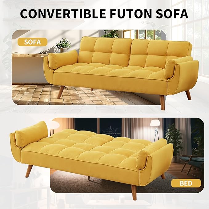 Convertible Futon Sofa Bed, Linen Sleeper Couch, 75" W Modern 3 Seater Tufted Sofa with Adjustable Backrests and Solid Wood Legs for Small Spaces, Living Room, Bedroom, Golden Yellow