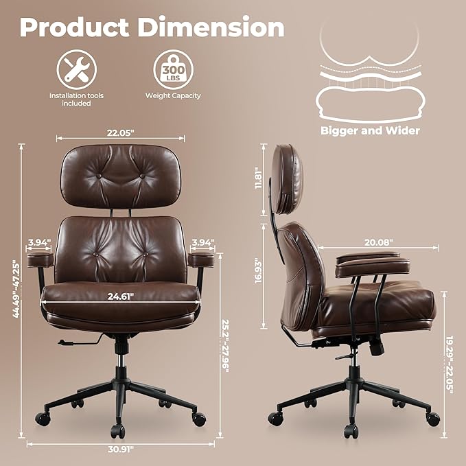 ovios Ergonomic Office Chair, High Back Faux Leather Executive Chairs with Thick Cushion, Comfy High-Century Modern Swivel Rolling Computer Armchair (Dark Brown, PU Leather)
