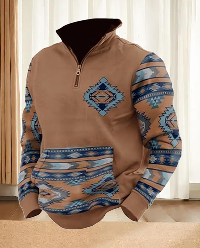 Western Sweatshirts for Men Aztec Cowboy Vintage Graphic Fleece Hoodie Mens Quarter Zip Pullover Country Jacket
