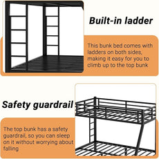 Twin XL Over Queen Bunk Bed, Metal Bunk Bed Frame Heavy Duty Bunk Beds Loft Bed Frame with Ladder and Guardrail Metal Slats No Box Spring Required for Adults Teens, Black