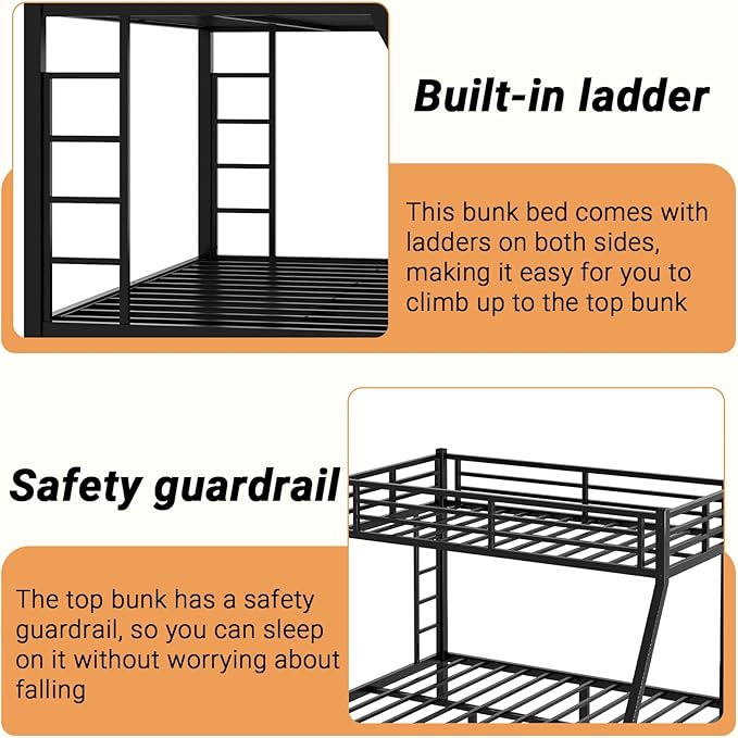 Twin XL Over Queen Bunk Bed, Metal Bunk Bed Frame Heavy Duty Bunk Beds Loft Bed Frame with Ladder and Guardrail Metal Slats No Box Spring Required for Adults Teens, Black