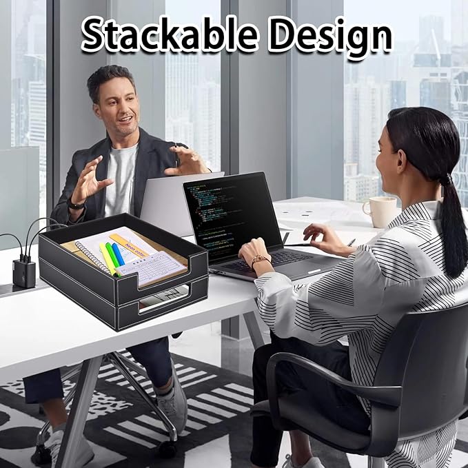 Leather Letter Tray, Office Supplies Desk Organizer for Mail Paper Files Magazines Jewelry Cosmetics,Luxury Letter Holder&Multipurpos Stackable Office Desktop Storage Box,Black