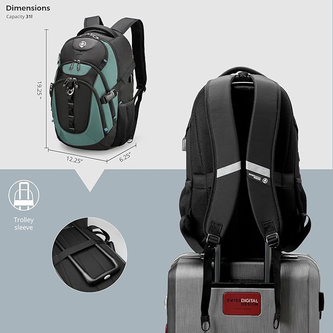 Swissdigital Design Laptop Backpack with USB Charging Port, Travel Backpack Fits 15.6 inches Computer, 31L College School Backpack for Men, Lake Green/Black | SD803-27