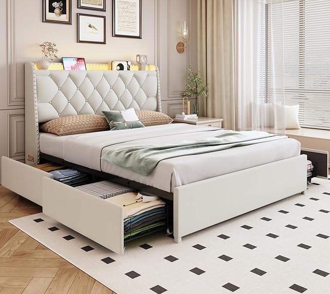 Full Size Bed Frame with 4 Drawers and Storage Headboard, Upholstered Tufted Wingback Bed Frame with LED Lights and Charging Station, No Box Spring Needed, Easy Assembly, Noise Free, Beige