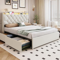 Full Size Bed Frame with 4 Drawers and Storage Headboard, Upholstered Tufted Wingback Bed Frame with LED Lights and Charging Station, No Box Spring Needed, Easy Assembly, Noise Free, Beige