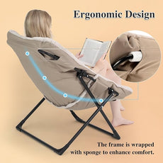 Comfy Saucer Chair for Adults, Soft Faux Fur Bedroom Chair with Ottoman, Accent Dorm Chairs, Living Room Reading Chairs and Footstool, Folding Lounge Seat for Teens, X-Large, Light Khaki